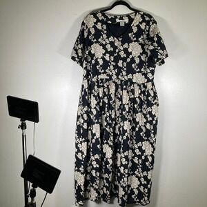 Serengeti Catalog Black White Floral Cotton Button Front Midi Dress XL Pockets